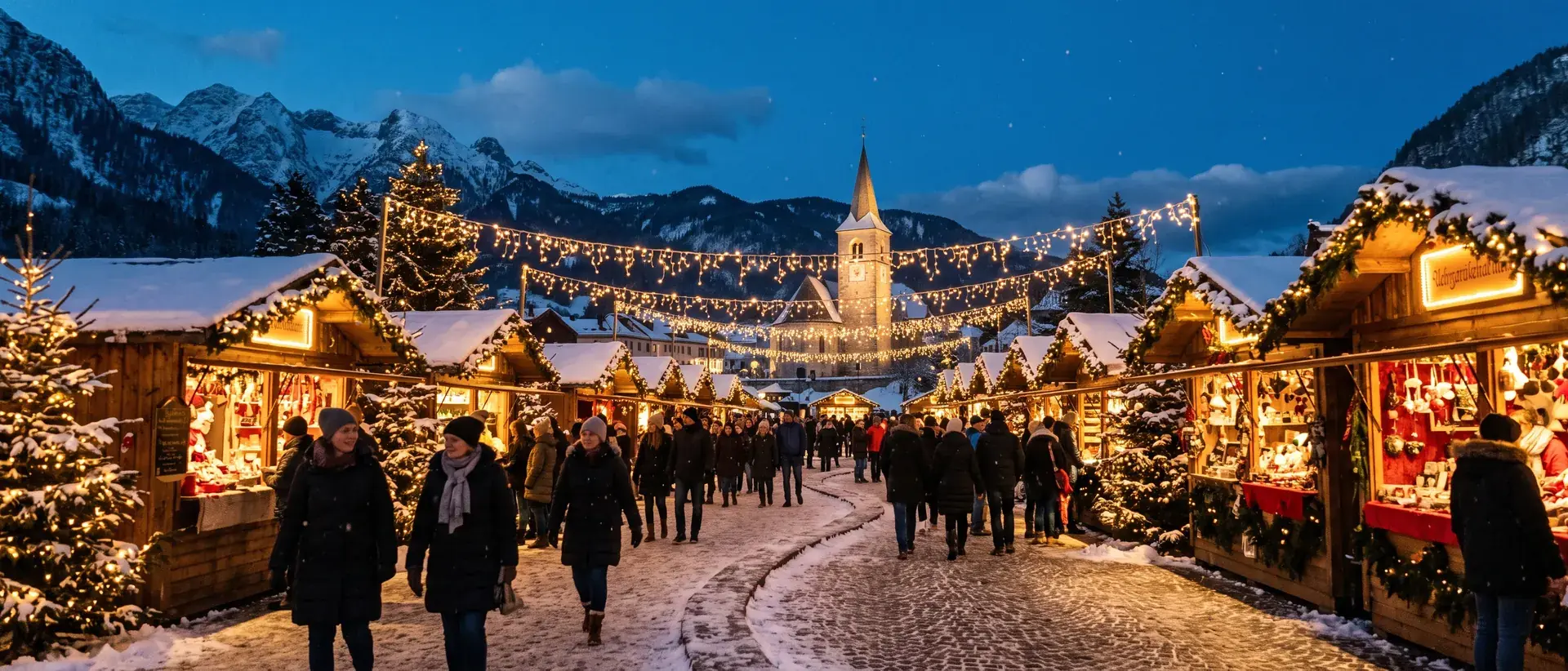 Klassisk nordisk julemarked i blåtimen med snødekte boder, varmt lys og fjell bak kirken