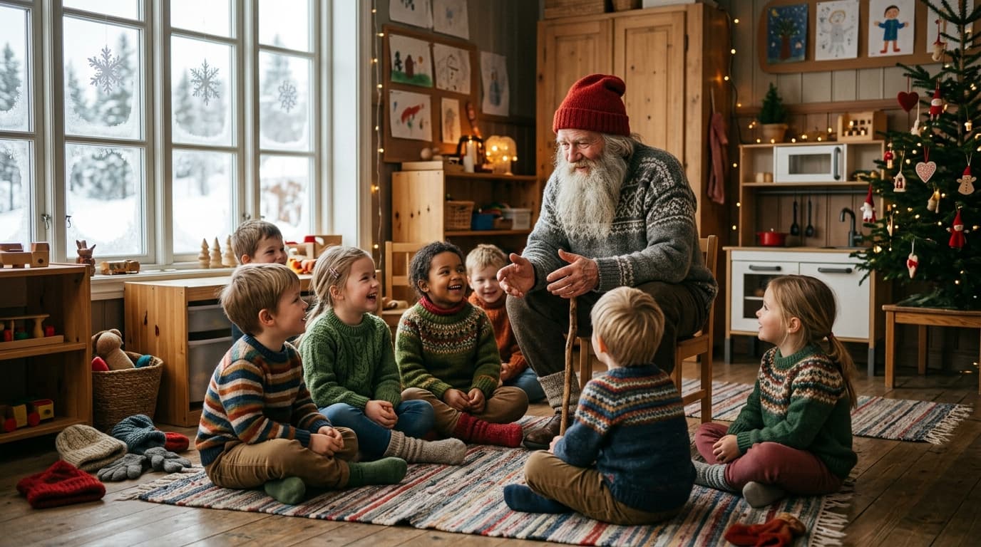 Illustrasjon: julenisse sitter og forteller for en gruppe barn på gulvet i en barnehage