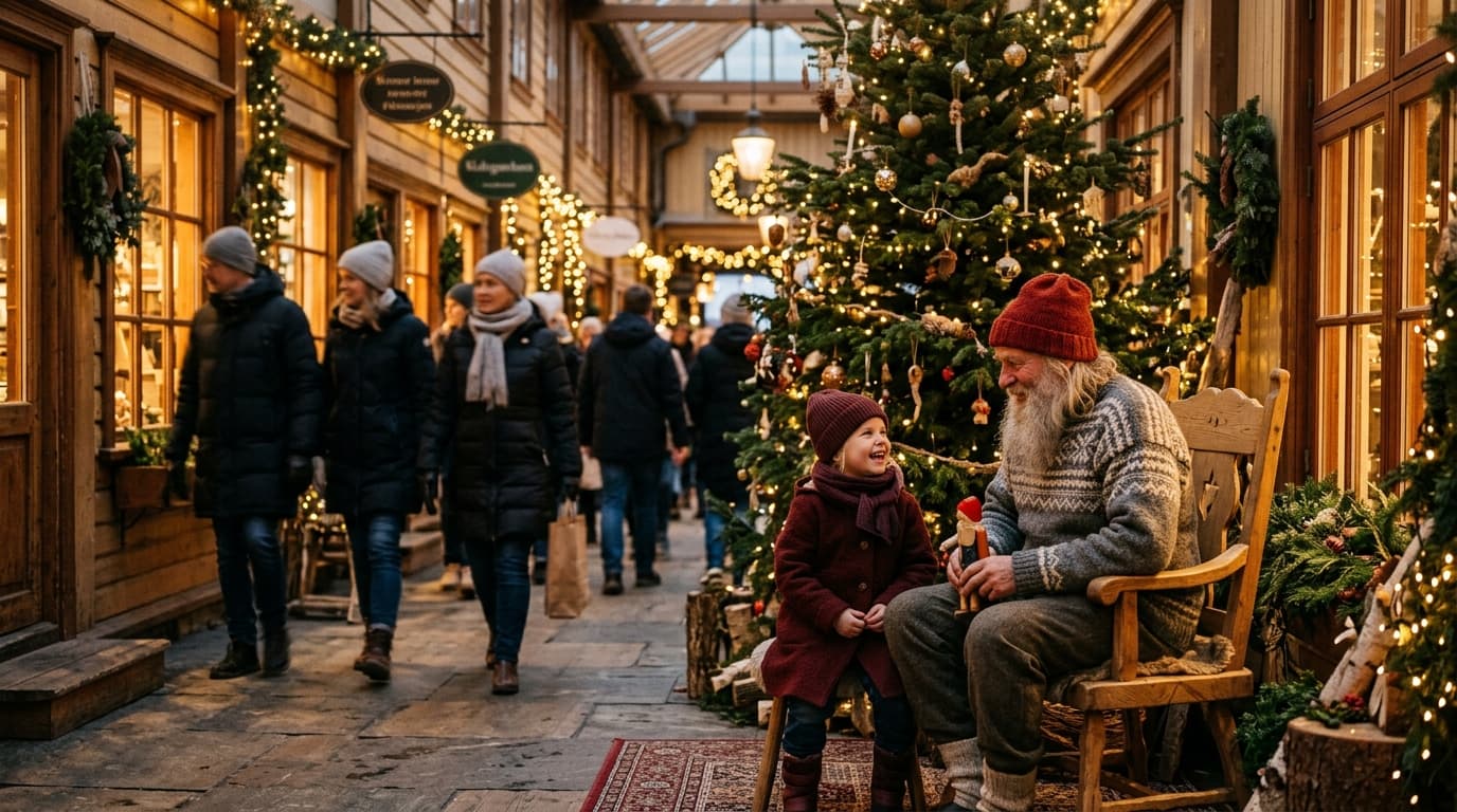 Illustrasjon: julenisse sitter med et barn i en pyntet handlegate mens folk går forbi