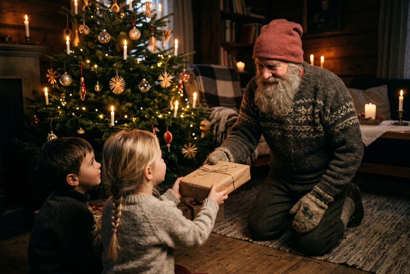 Illustrasjon: julenisse gir en innpakket gave til to barn ved juletreet