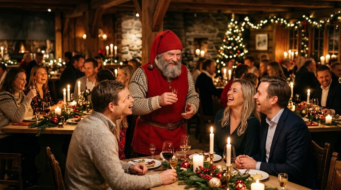 Illustrasjon: julenisse skåler med gjester ved et pyntet julebord i en rustikk sal