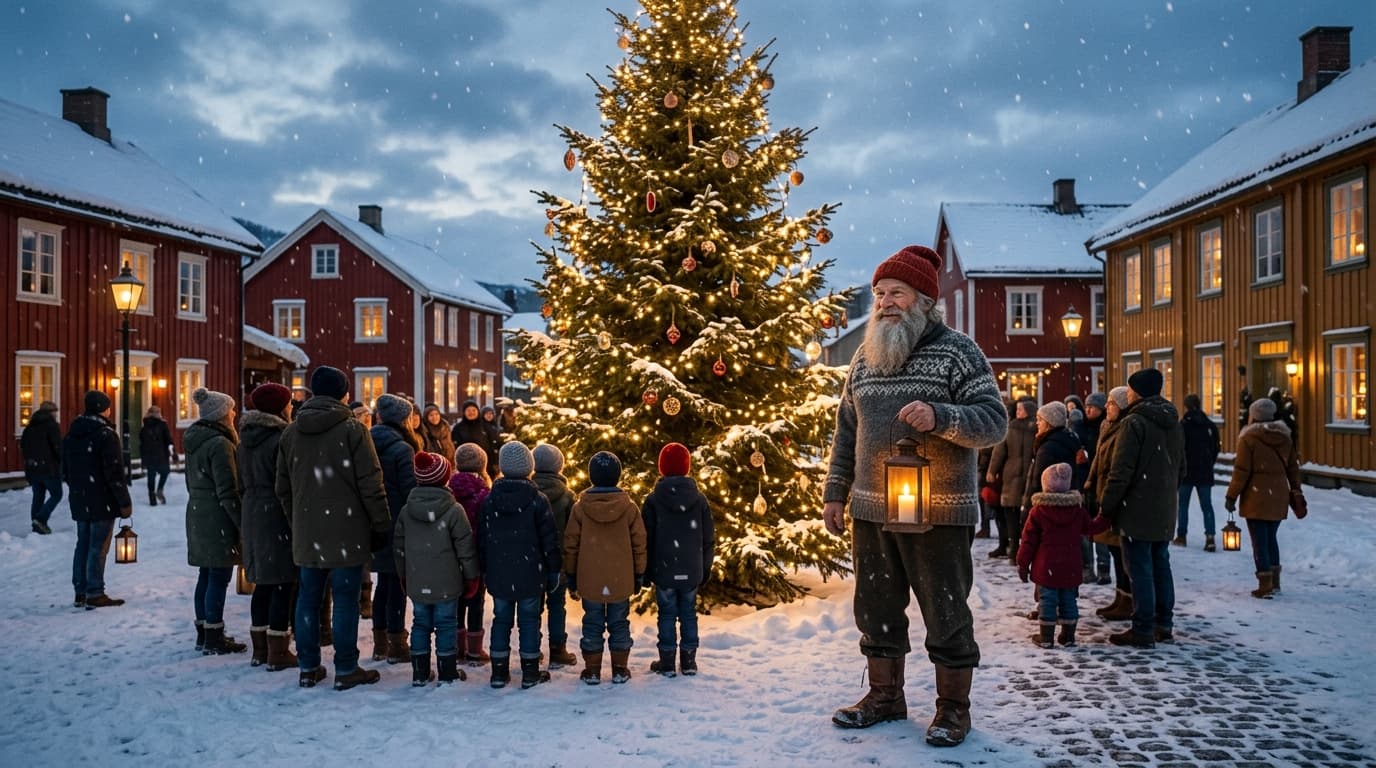 Illustrasjon: julenisse med lykt foran et opplyst juletre og en folkemengde på et snødekt torg