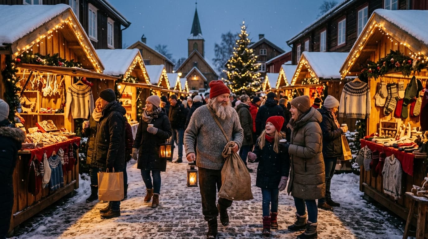 Illustrasjon: julenisse går gjennom et julemarked med boder og lykter sammen med besøkende