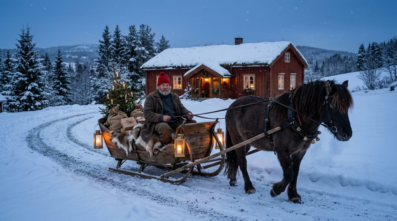 Illustrasjon: julenisse ankommer en snødekt gård med hest og slede