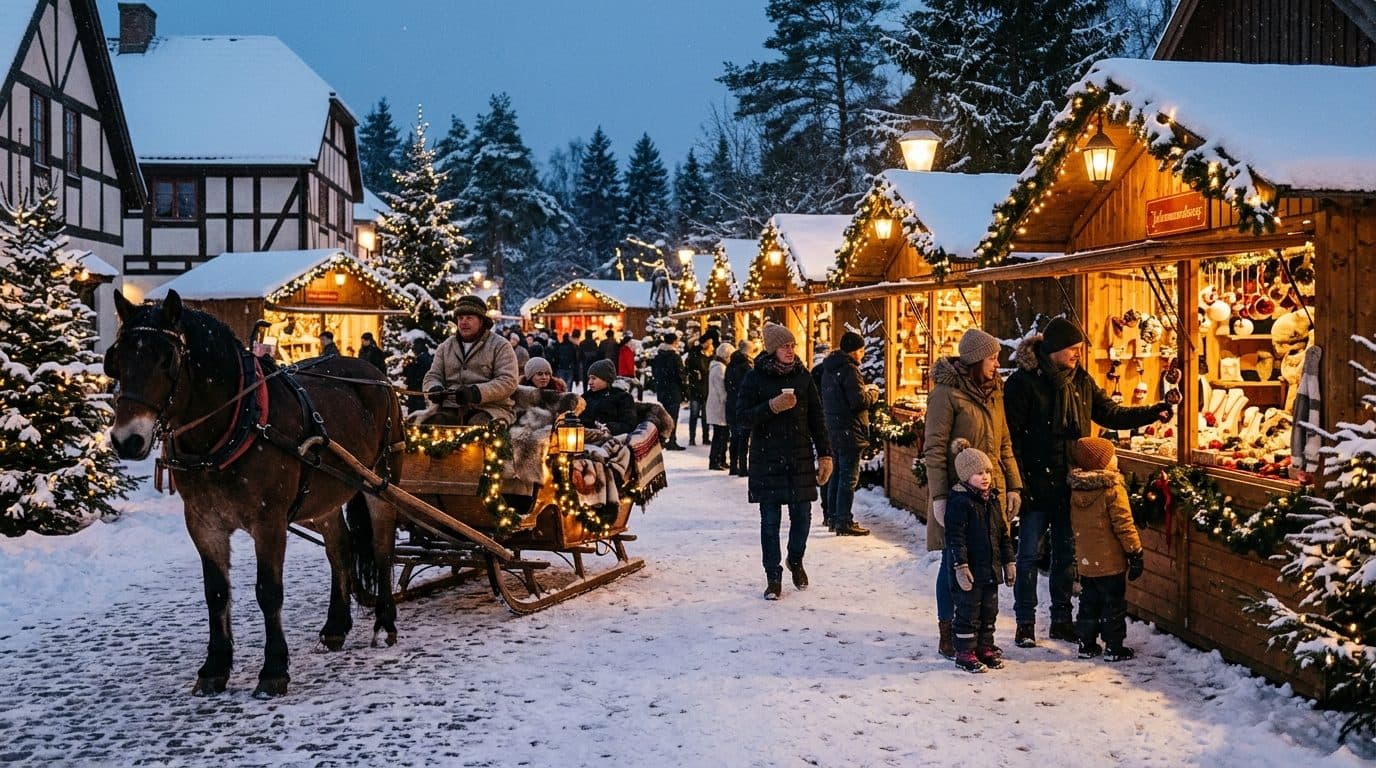 Illustrasjon: hest og slede ved et julemarked med boder og varmt lys