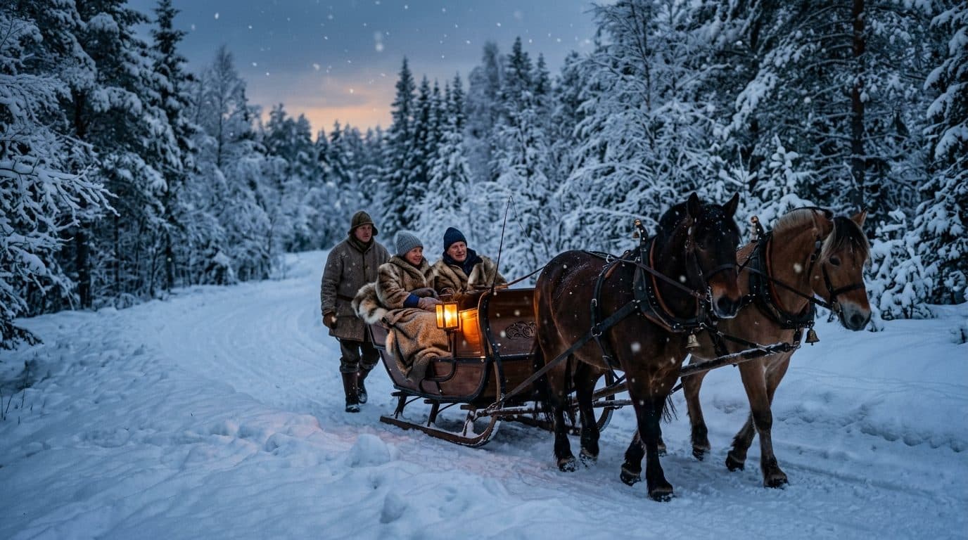 Illustrasjon: hest og slede på en snødekt skogsvei i skumringen