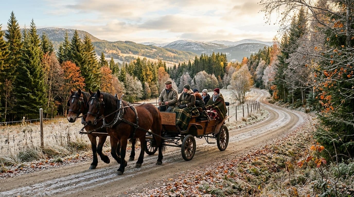 Illustrasjon: hest og vogn på en landlig vei med lett frost