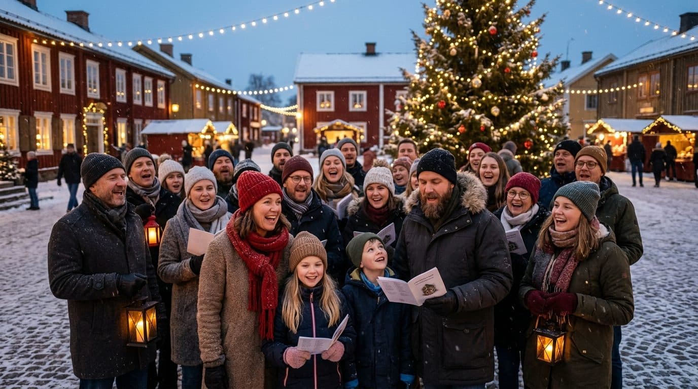 Illustrasjon: folk som synger allsang ute under julelys i snøen