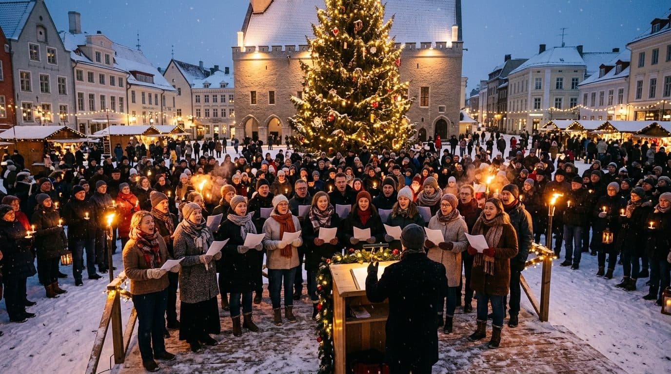 Illustrasjon: kor som synger utendørs ved julegrantenning på et snødekt torg
