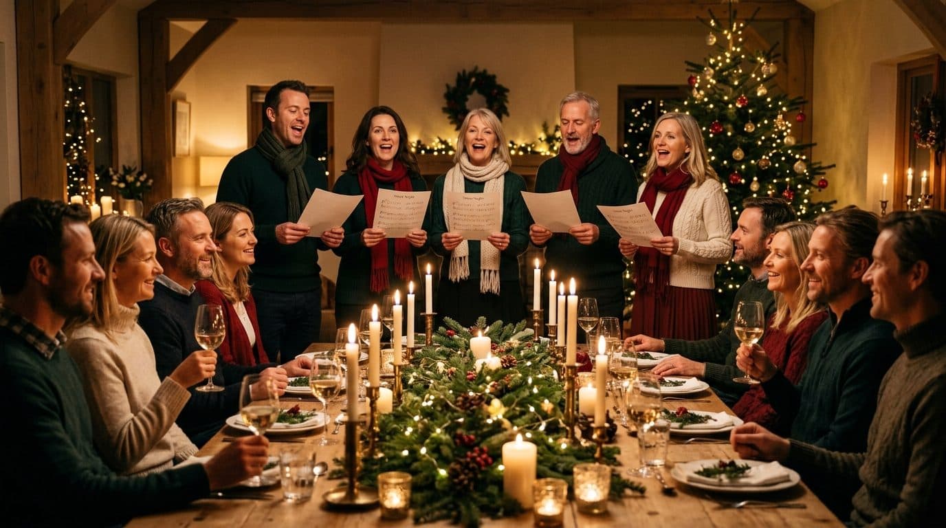 Illustrasjon: kor som synger for gjester under et julebord