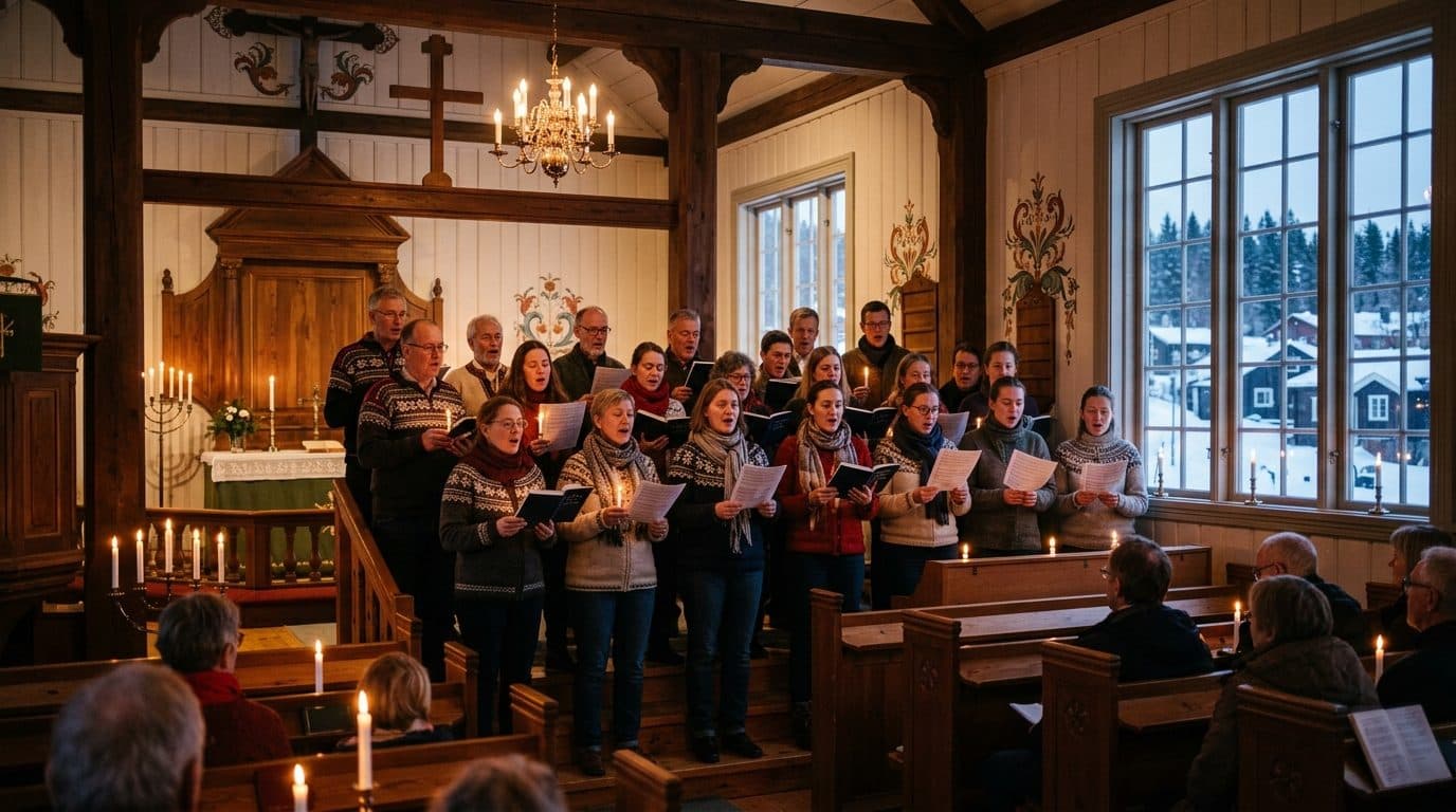 Illustrasjon: kor som synger i en norsk trekirke med levende lys