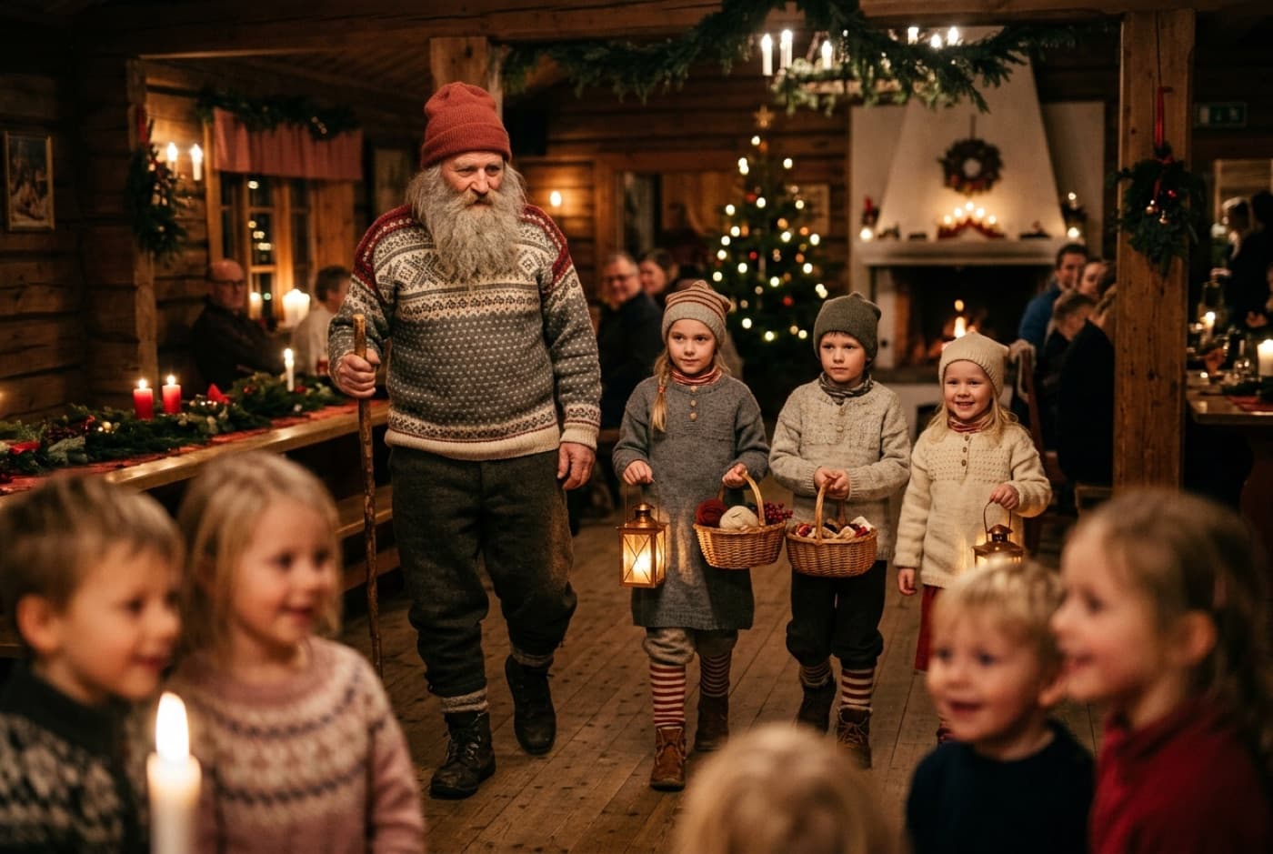 Illustrasjon: julenisse kommer inn i en sal med tre hjelpere og lykter