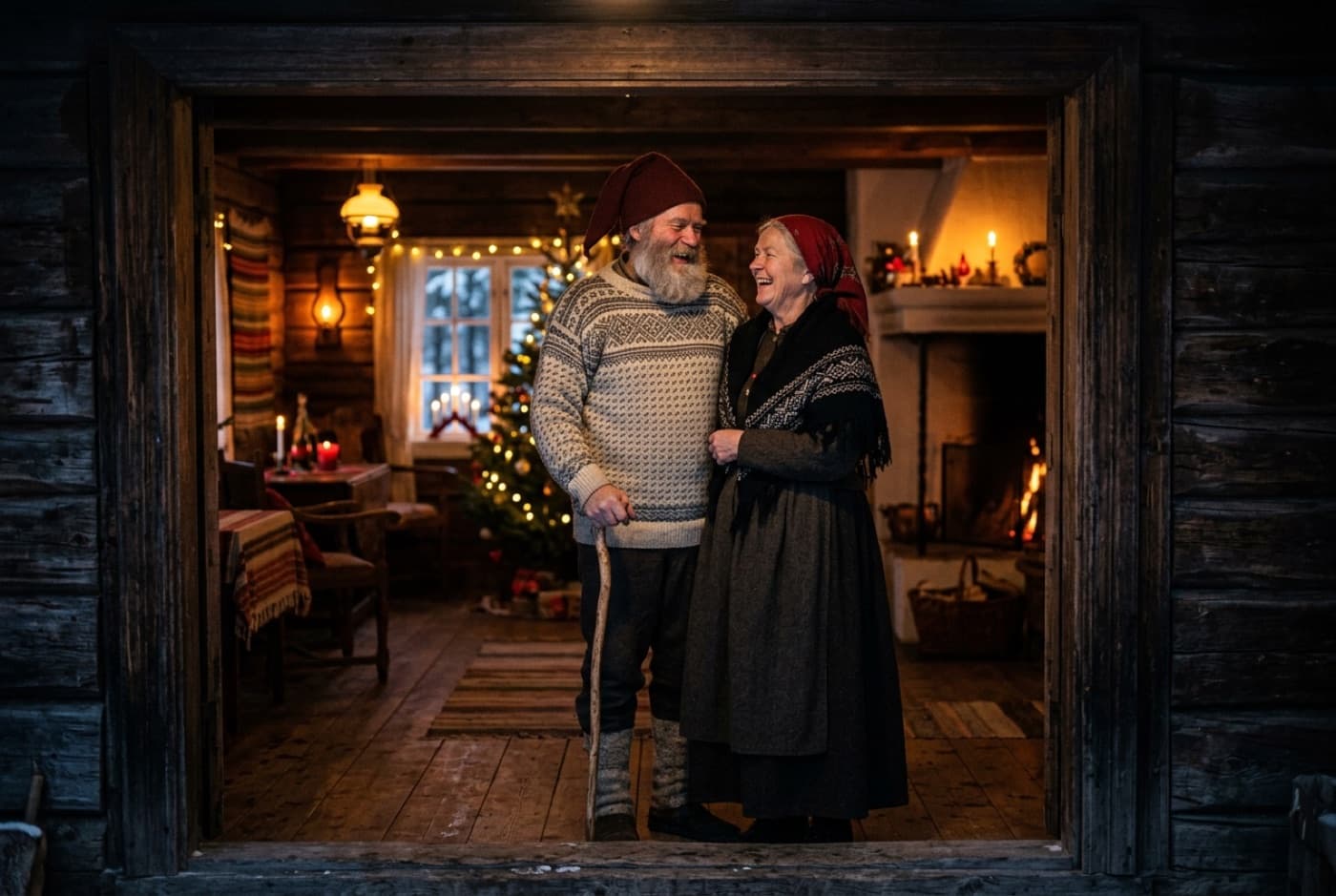 Illustrasjon: julenisse og nissemor står sammen i en døråpning