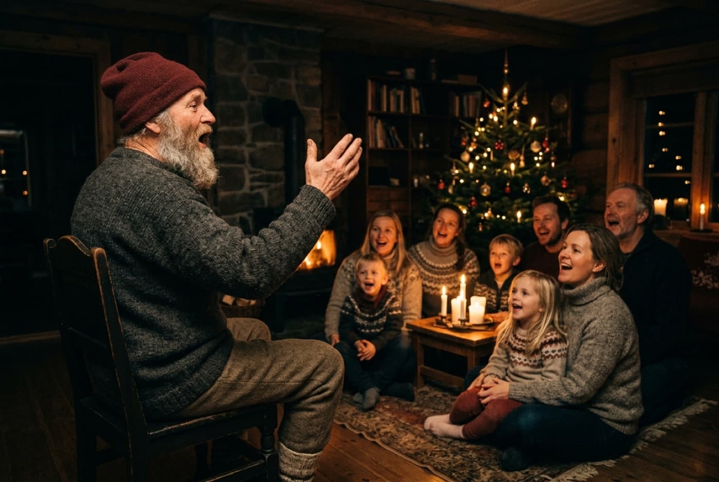 Illustrasjon: julenisse synger sammen med en familie i stua