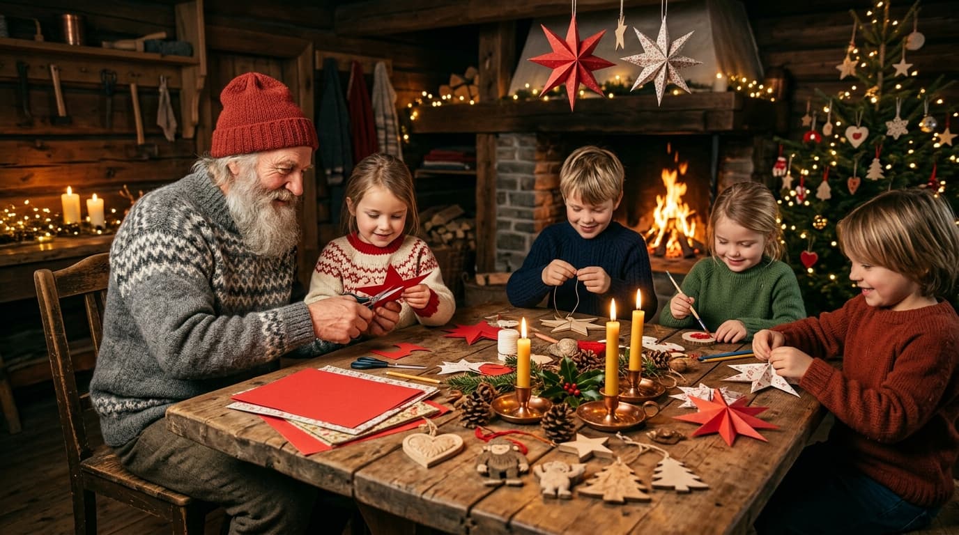 Illustrasjon: barn i aktivitet rundt et bord med julepynt og varm peis